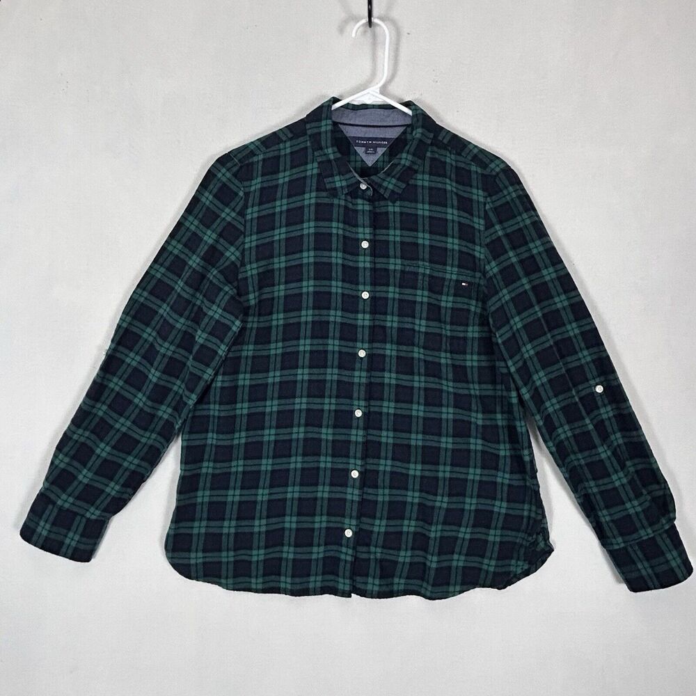 Tommy Hilfiger Plaid Button Up Shirt Mens Size Large Green Casual Top Preppy